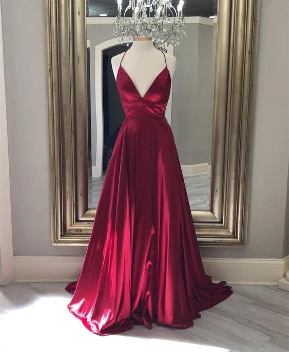 Spaghetti Straps Satin Dark Red Floor Length Prom Dress Evening Dress