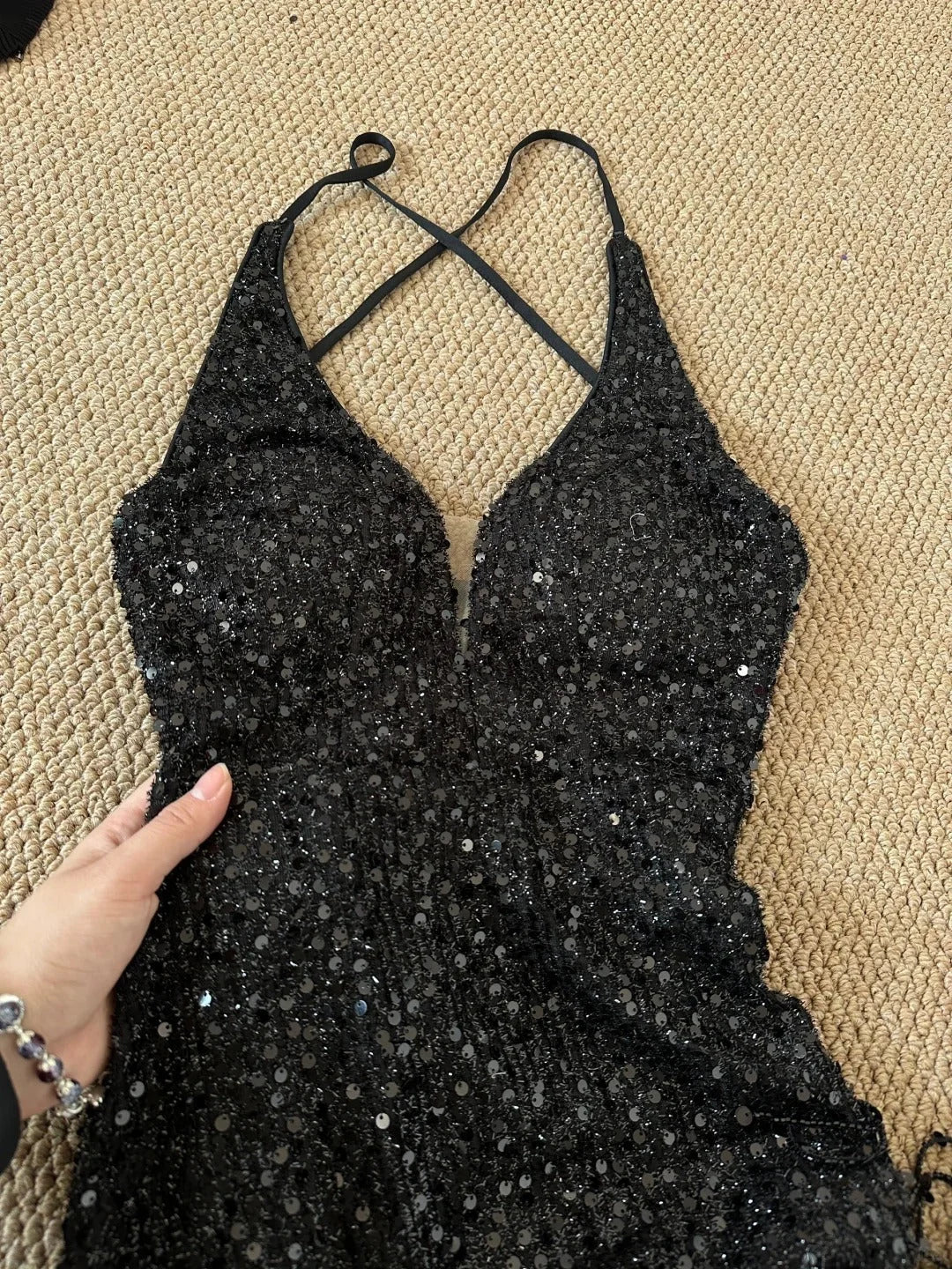 Spaghetti Straps Sequin Black Long Prom Dress Evening Dress With Fringes