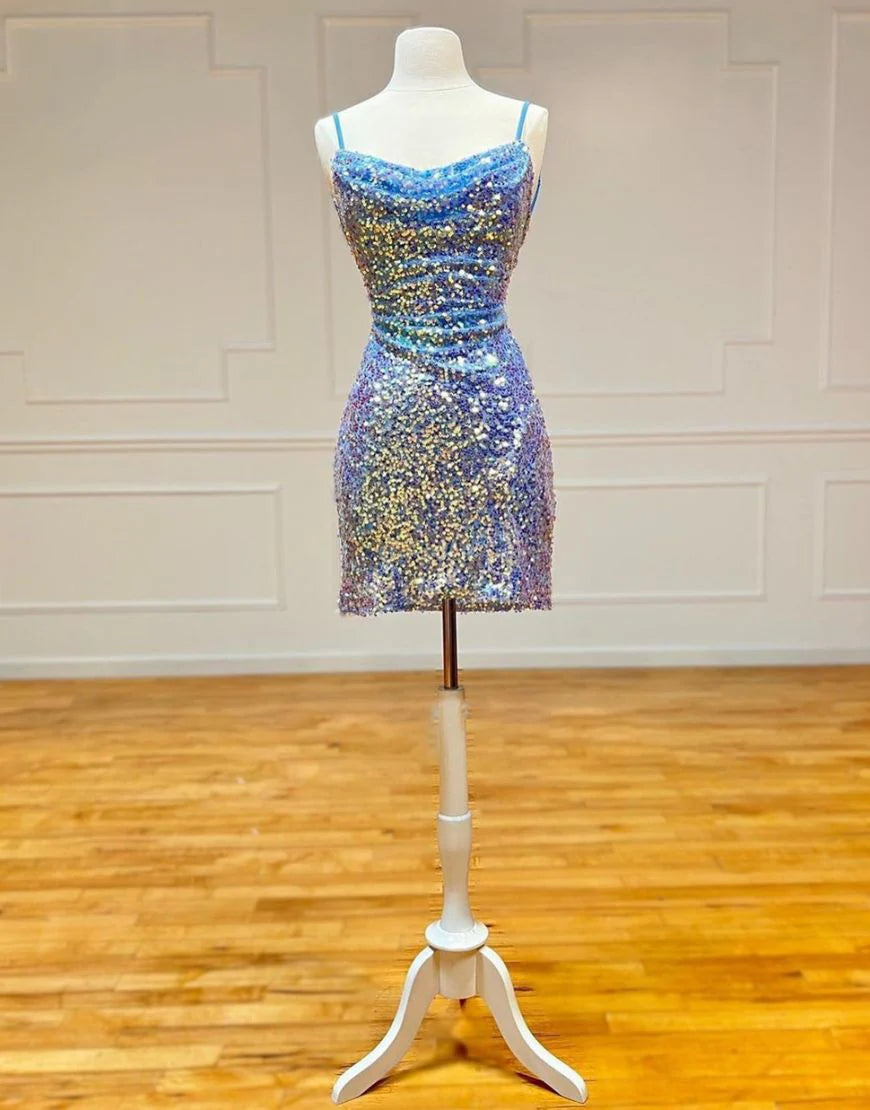 Spaghetti Straps Sequin Blue Homecoming Dress With Criss Cross Back