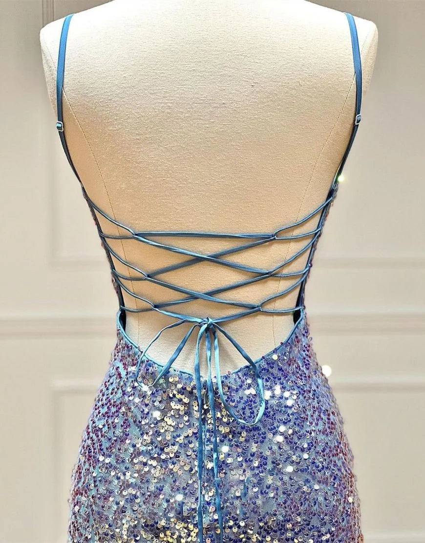Spaghetti Straps Sequin Blue Homecoming Dress With Criss Cross Back