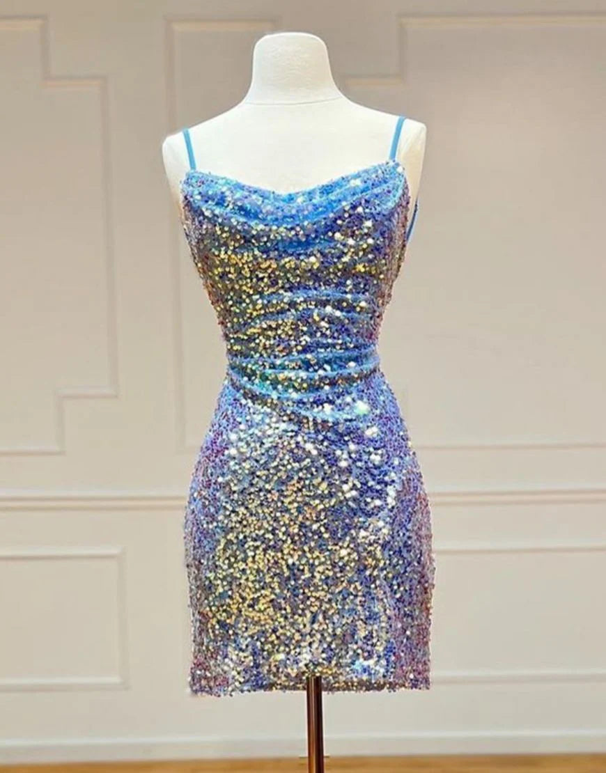 Spaghetti Straps Sequin Blue Homecoming Dress With Criss Cross Back
