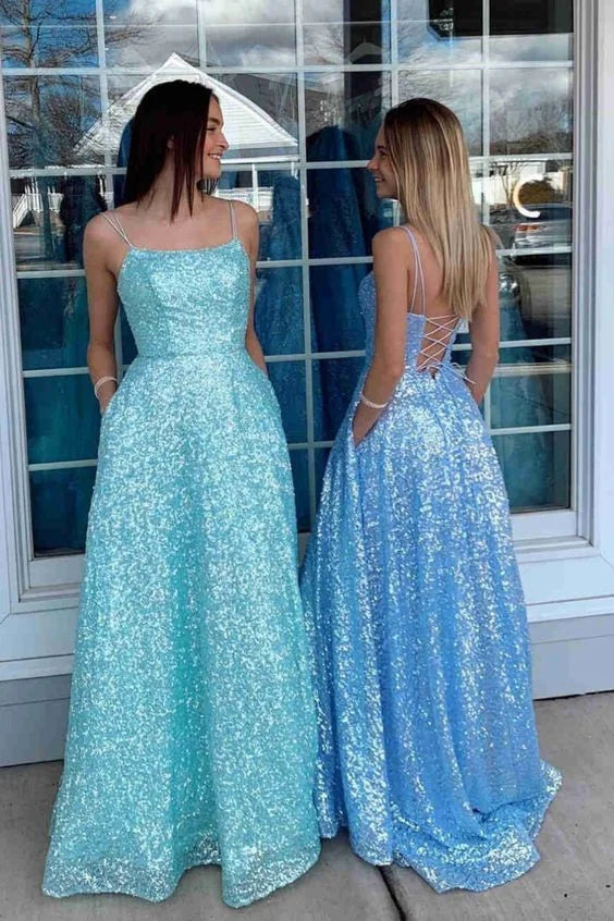 A-line Spaghetti Straps Sequin Long Formal Prom Dress With Pockets