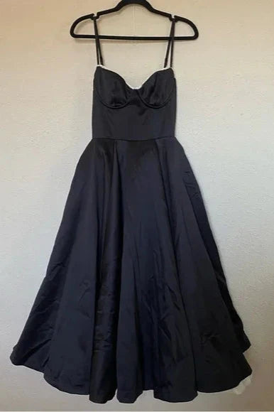 Spaghetti Straps Sleeveless A-line Strapless Black Satin Tulle Midi Dress Prom Dress