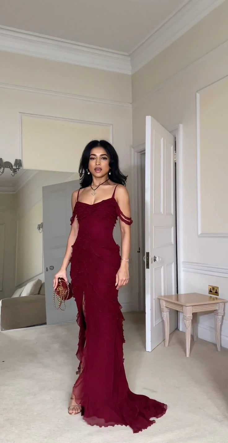 Off-Shoulder Tiered Chiffon Burgundy Long Prom Dress Evening Dress