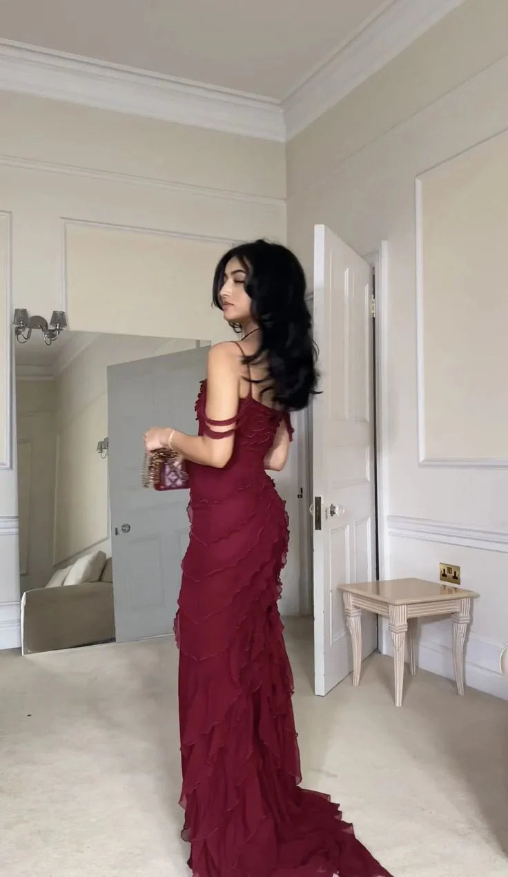 Off-Shoulder Tiered Chiffon Burgundy Long Prom Dress Evening Dress