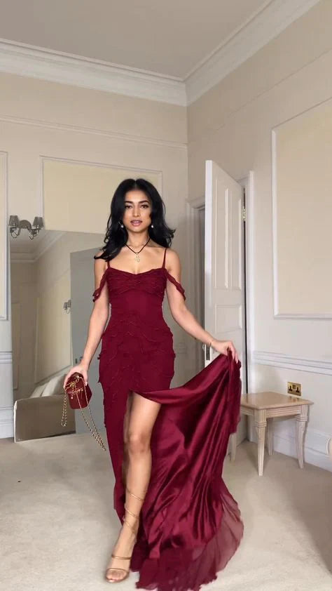 Off-Shoulder Tiered Chiffon Burgundy Long Prom Dress Evening Dress