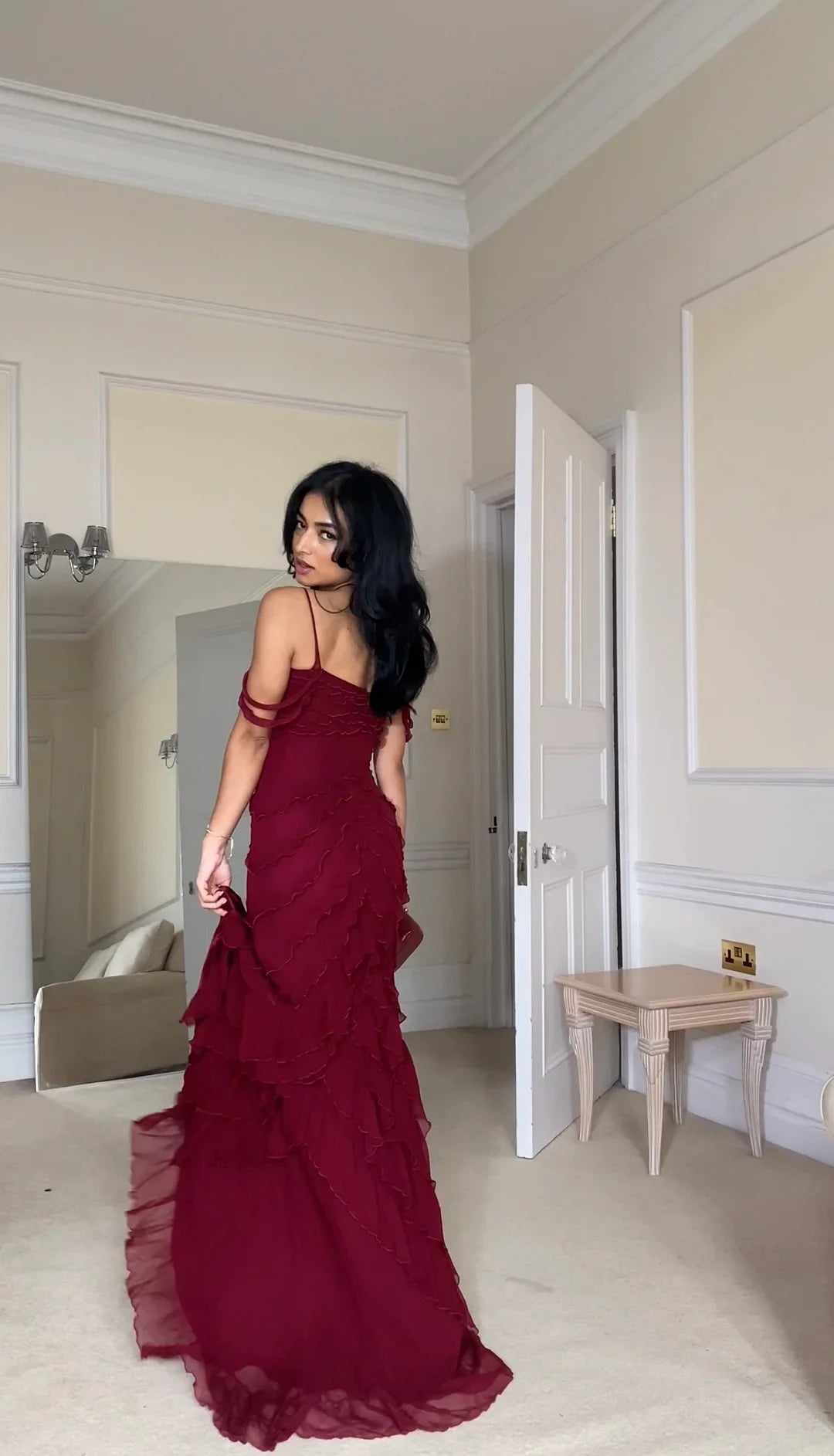 Off-Shoulder Tiered Chiffon Burgundy Long Prom Dress Evening Dress