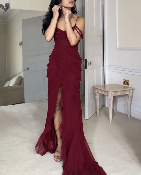 Off-Shoulder Tiered Chiffon Burgundy Long Prom Dress Evening Dress