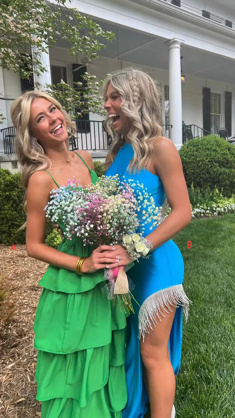 Spaghetti Straps Tiered Green Floor Length Prom Dress Evening Dress
