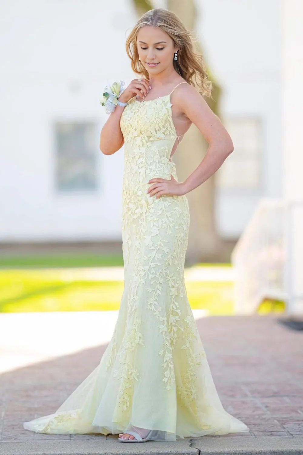 Spaghetti Straps Tulle Lace Mermaid Backless Prom Formal Dress With Train