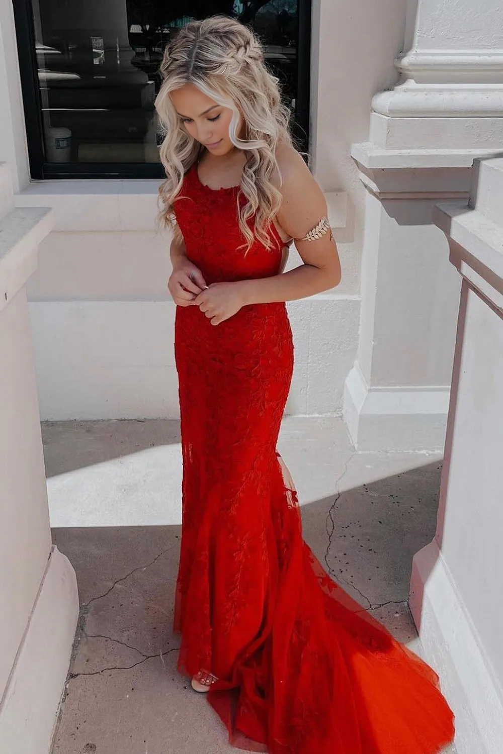 Spaghetti Straps Tulle Lace Mermaid Backless Prom Formal Dress With Train