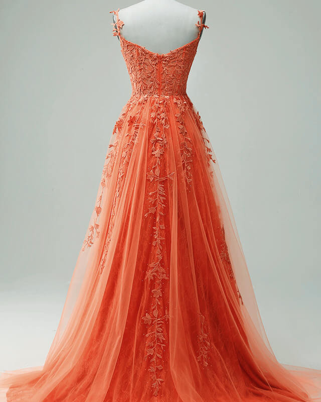 Spaghetti Straps A-line Tulle Split Prom Dress With Lace Appliques