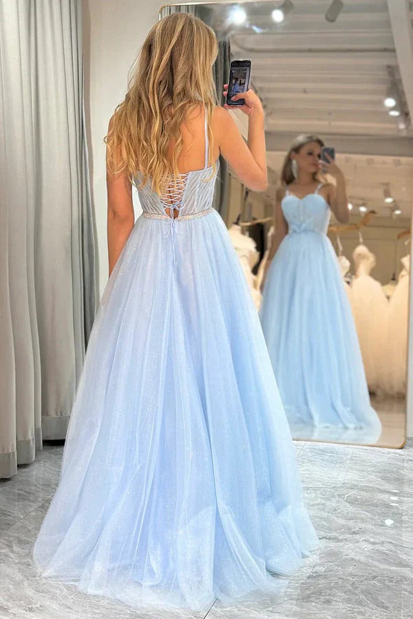 Spaghetti Straps Lace Up Floor Length Tulle Sparkly A Line Prom Dresses