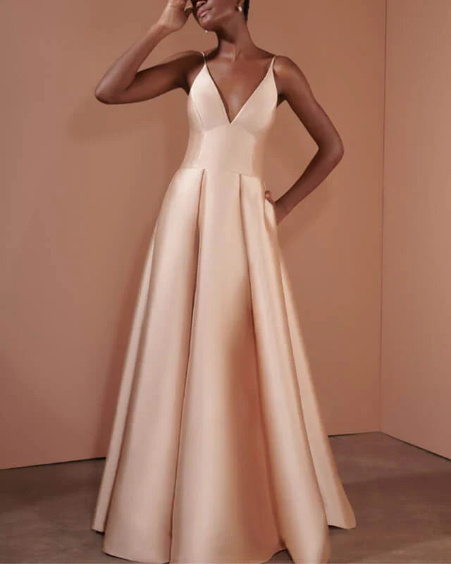 Spaghetti Straps Satin Deep V-neck Floor Length Prom Dress With Pocktes