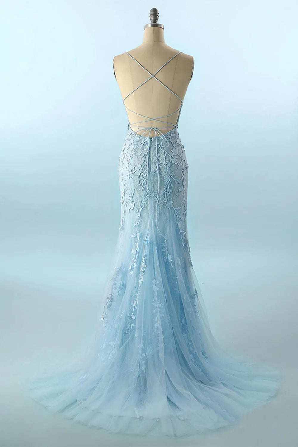 Spaghetti Straps Tulle Lace Mermaid Backless Prom Formal Dress With Train