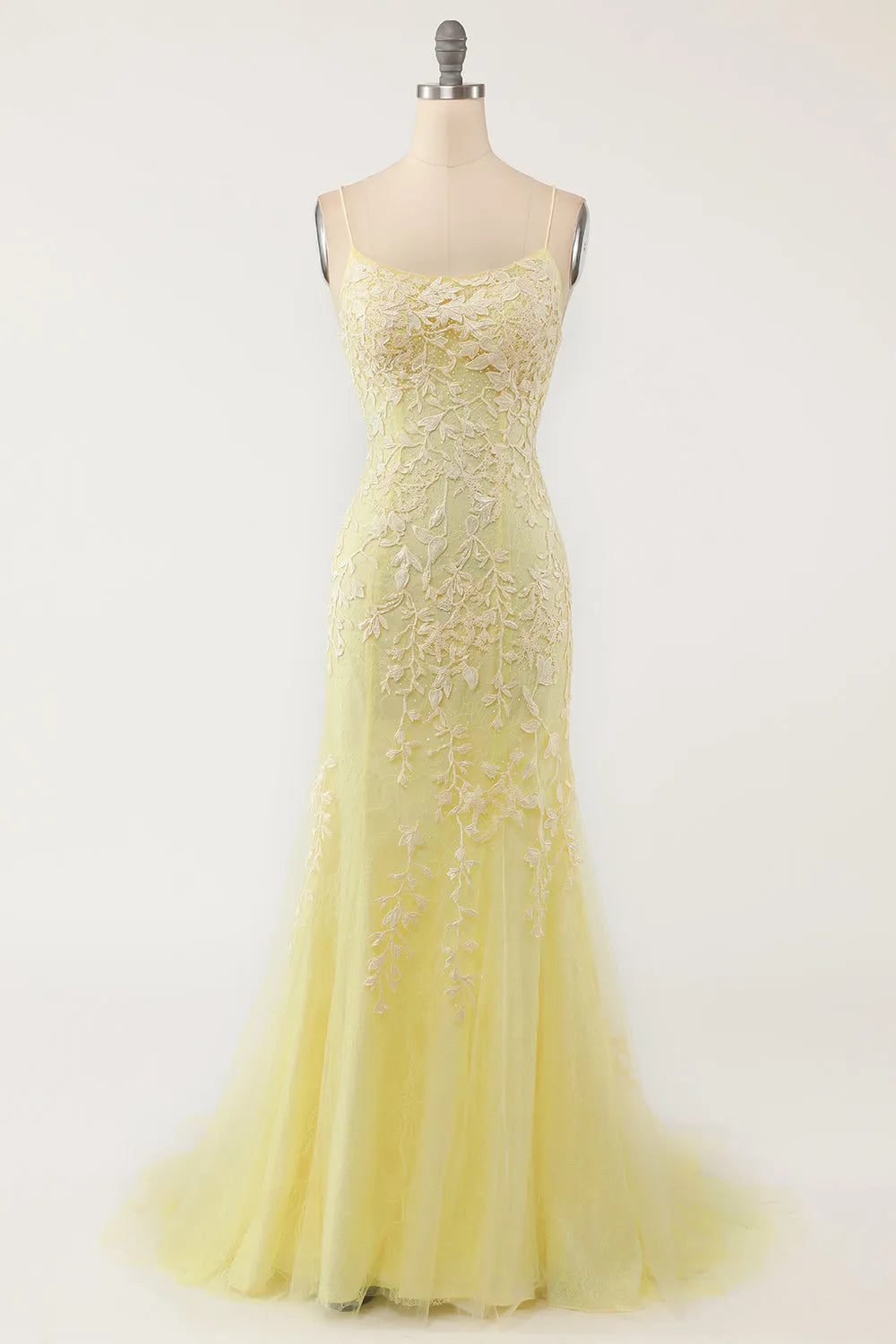 Spaghetti Straps Tulle Lace Mermaid Backless Prom Formal Dress With Train