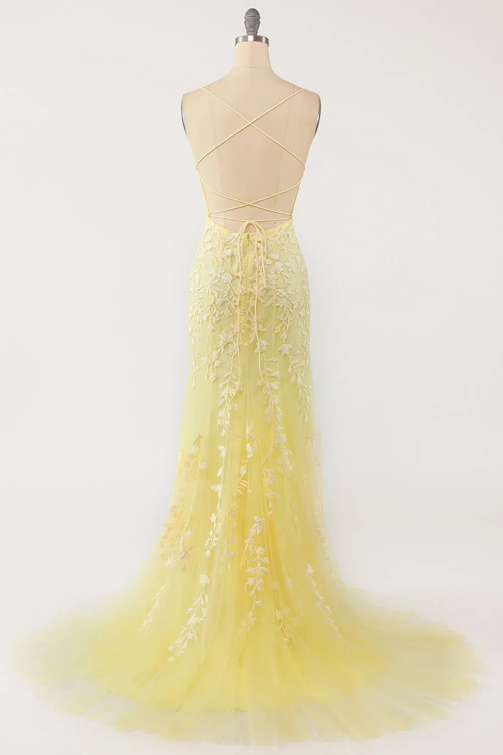 Spaghetti Straps Tulle Lace Mermaid Backless Prom Formal Dress With Train