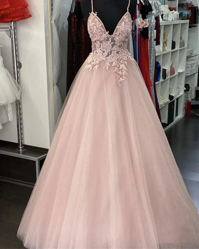 Spaghetti Straps Tulle Prom Dresses Deep V Neck Appliques
