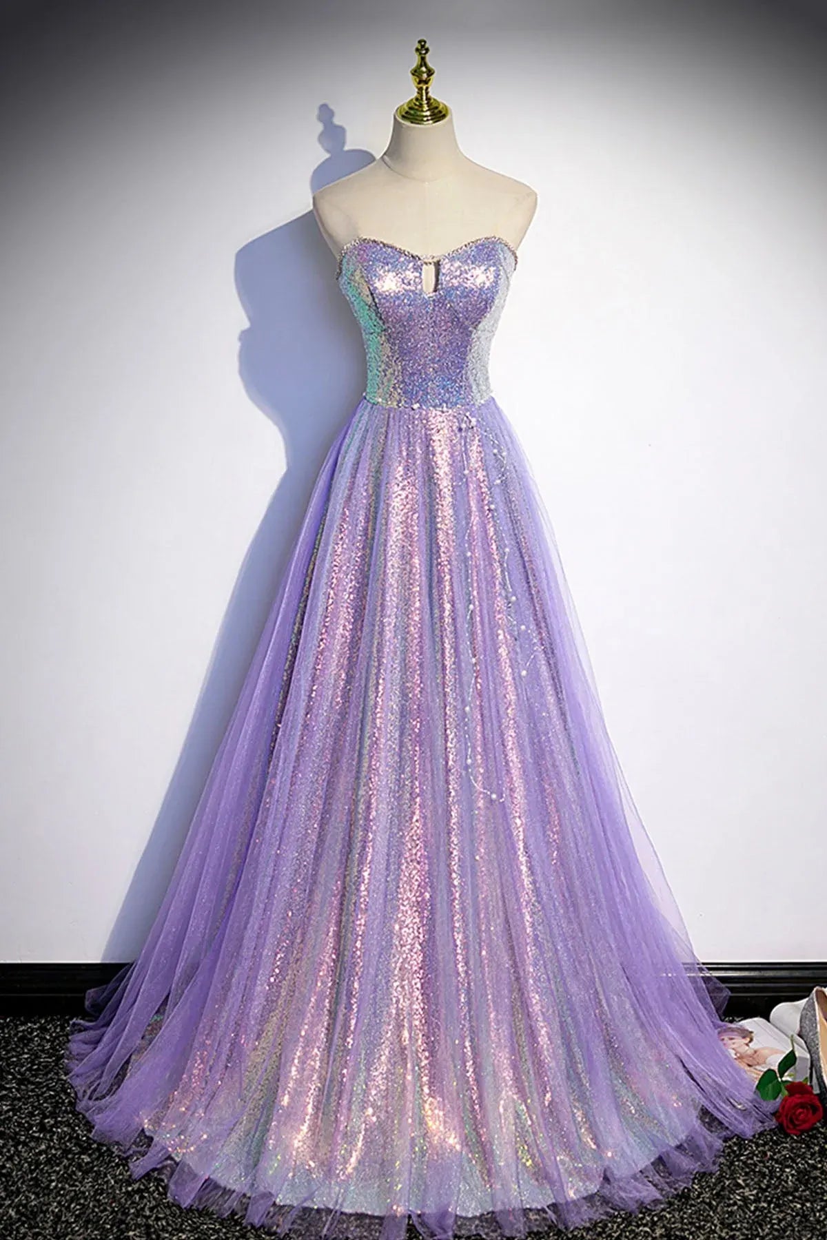 Sparkle A-Line Strapless Sleeveless Lace Up Sweep/Brush Train Prom Dress