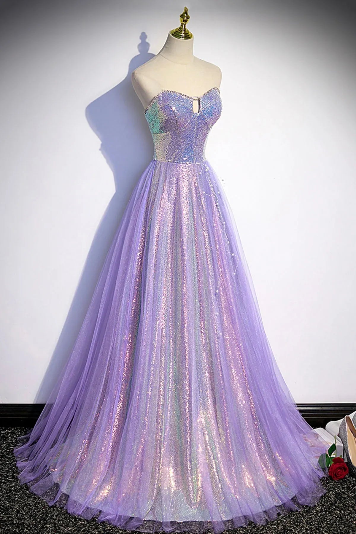 Sparkle A-Line Strapless Sleeveless Lace Up Sweep/Brush Train Prom Dress