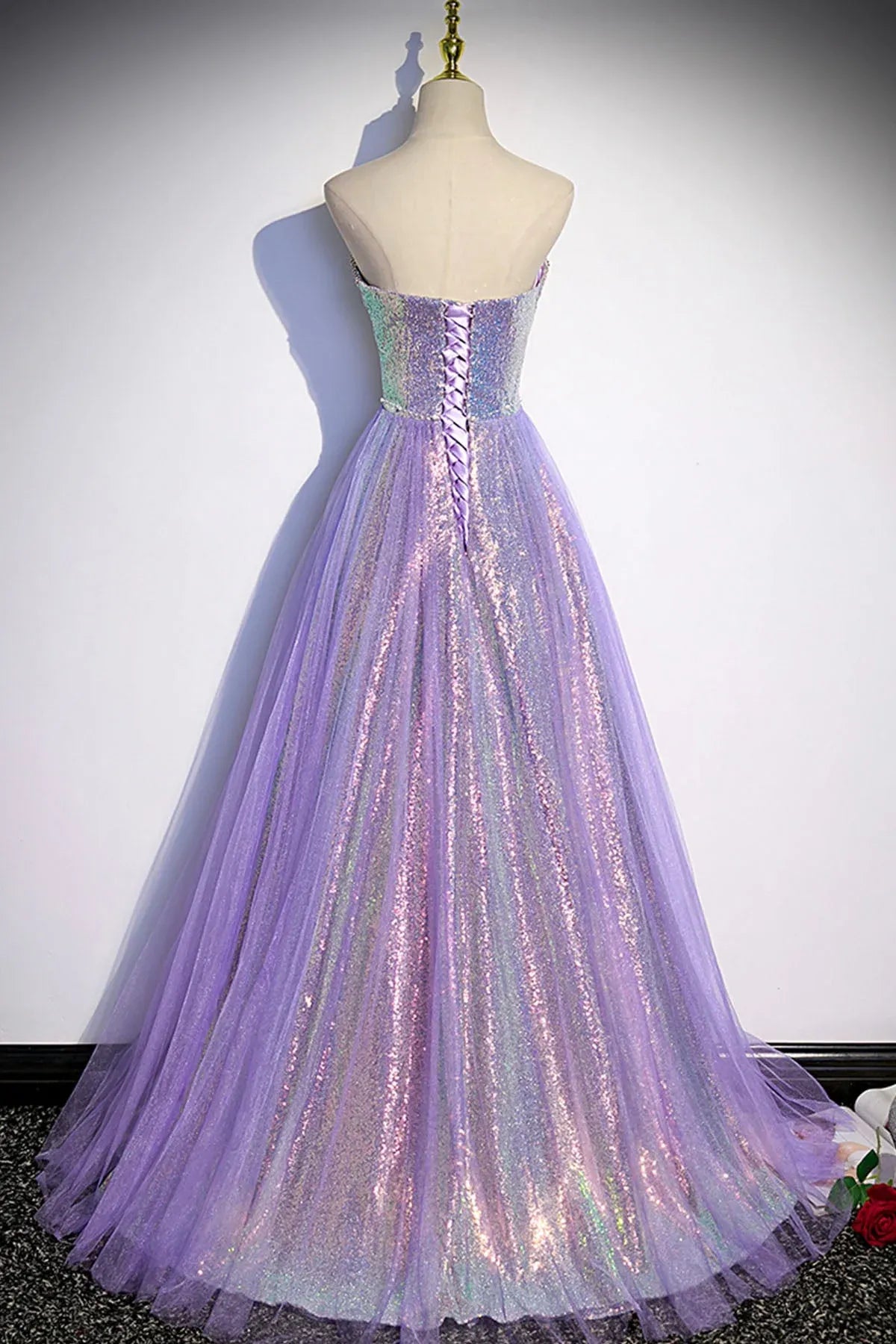 Sparkle A-Line Strapless Sleeveless Lace Up Sweep/Brush Train Prom Dress