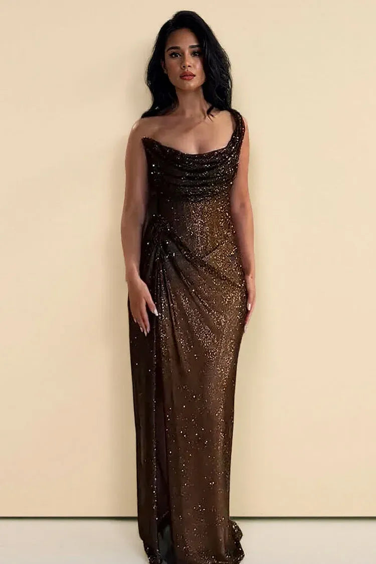 Sparkle Mermaid One Shoulder Sleeveless Sequins Slit Floor-Length Prom Dress