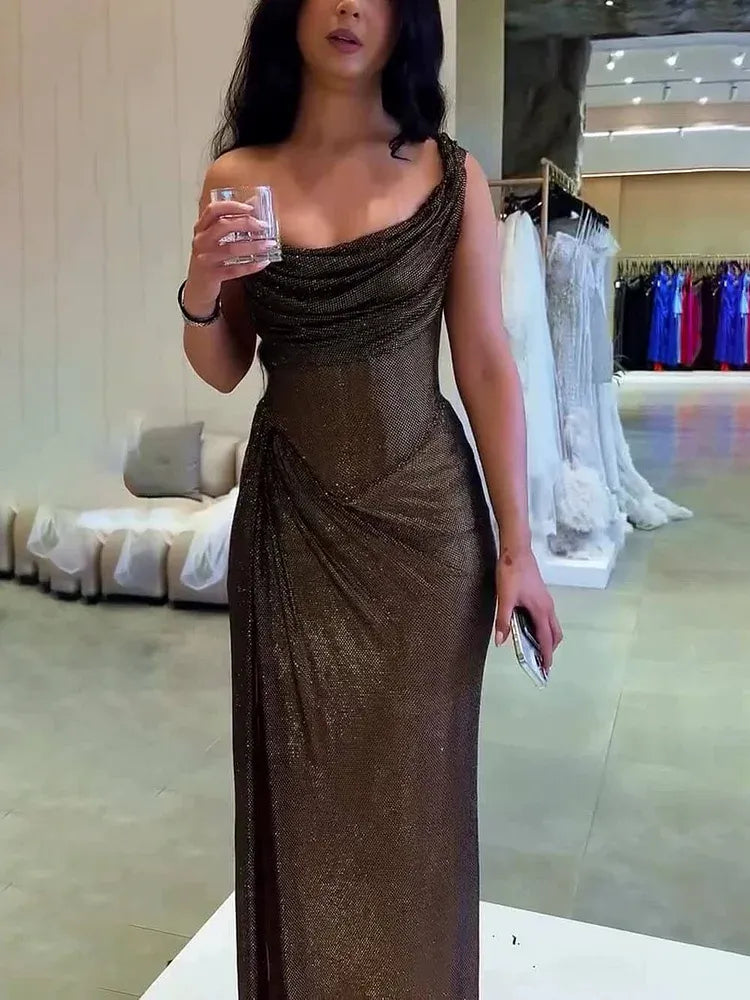 Sparkle Mermaid One Shoulder Sleeveless Sequins Slit Floor-Length Prom Dress