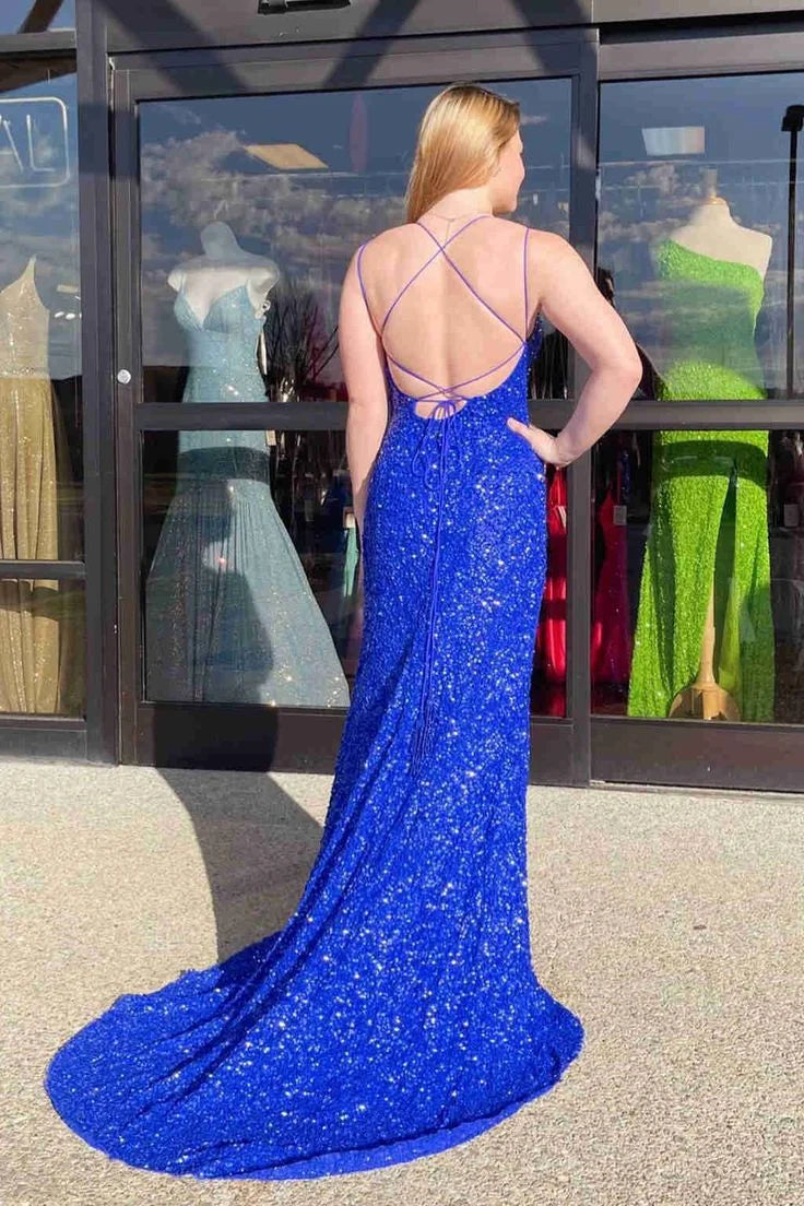 Sparkle Spaghetti Straps Sequins Royal Blue Long Prom Dress With Sweep Train