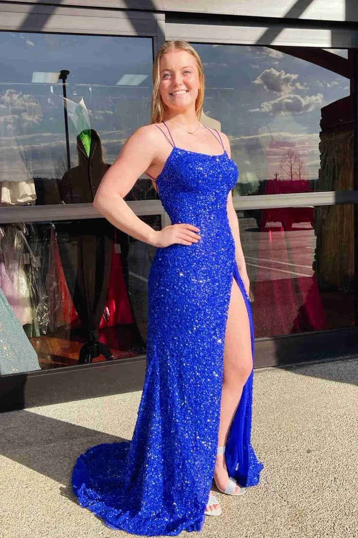 Sparkle Spaghetti Straps Sequins Royal Blue Long Prom Dress With Sweep Train