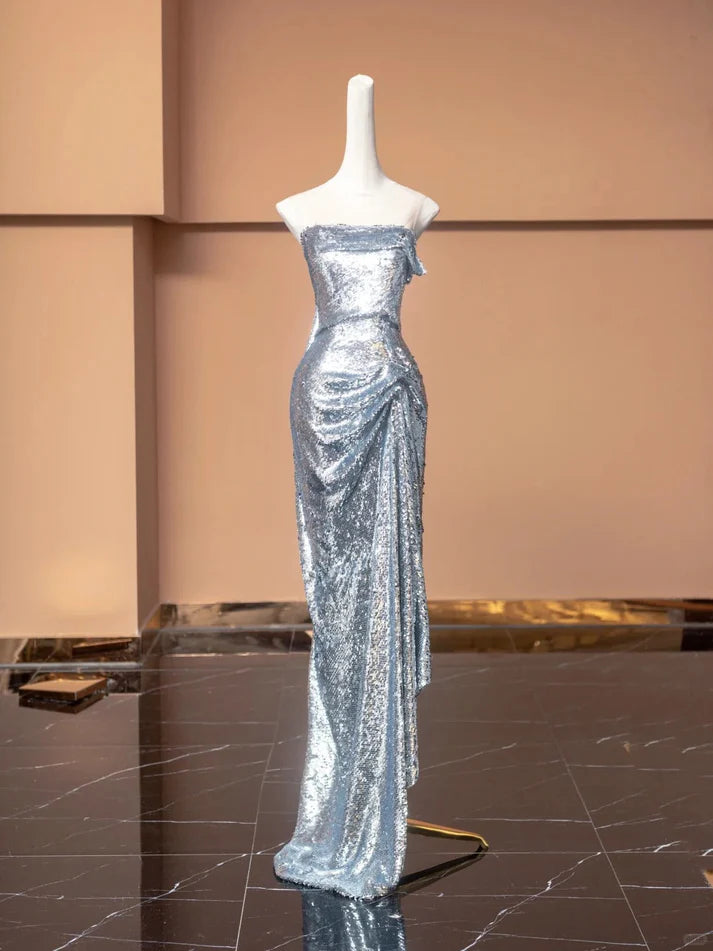 Sparkle Strapless Pleated Sequin Silver Long Prom Dress Party Dress