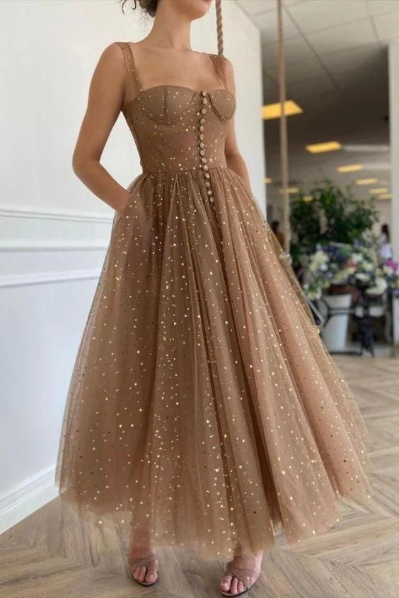 Sparkle Sweetheart Buttons Sequins Tulle Brown Tea Length Prom Dress