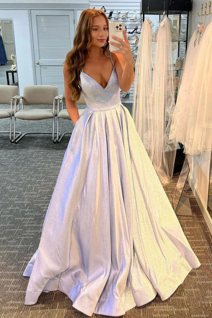 Sparkling A-line V-neck satin long prom dress with spaghetti straps.