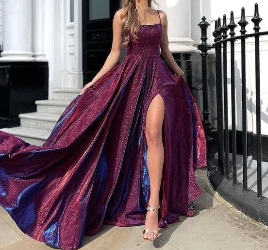 Sparkling A-line Spaghetti Glitter Magenta Slit Train Prom Dress For Sale