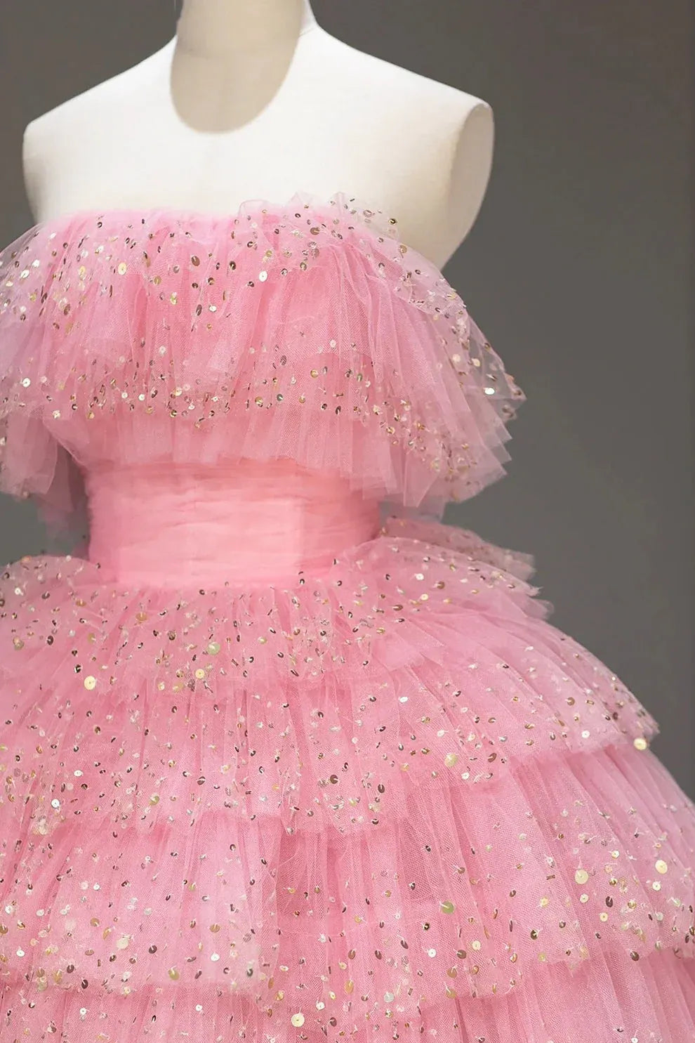 Sparkling Ballgown Strapless Sleeveless Sequin Pink Train Prom Dress for Women Custom