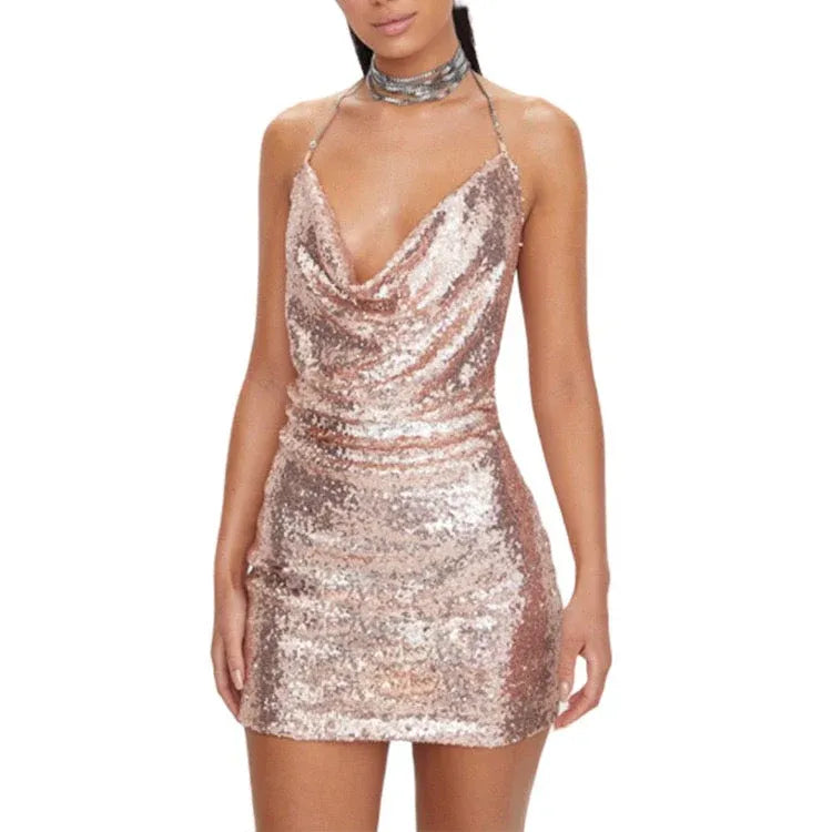 Sparkling Bodycon Cowl Neck Backless Sequin Rose Gold Mini Homecoming Dress