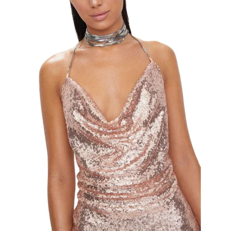 Sparkling Bodycon Cowl Neck Backless Sequin Rose Gold Mini Homecoming Dress