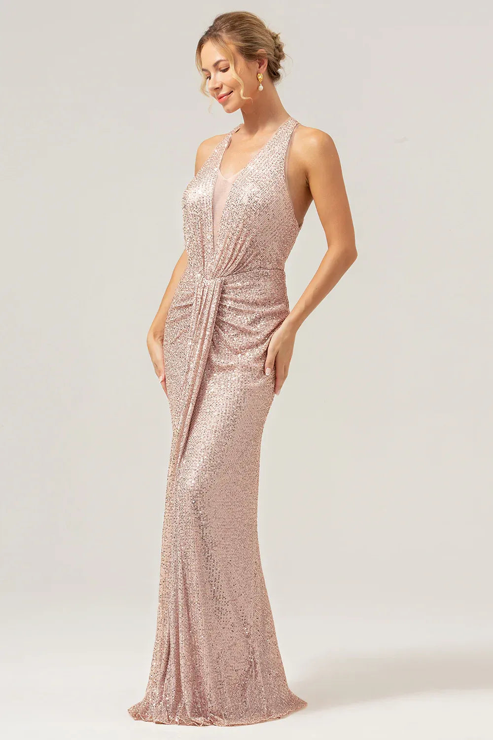 Sparkling Mermaid Halter Ruched Sequin Rose Gold Floor Length Prom Dress