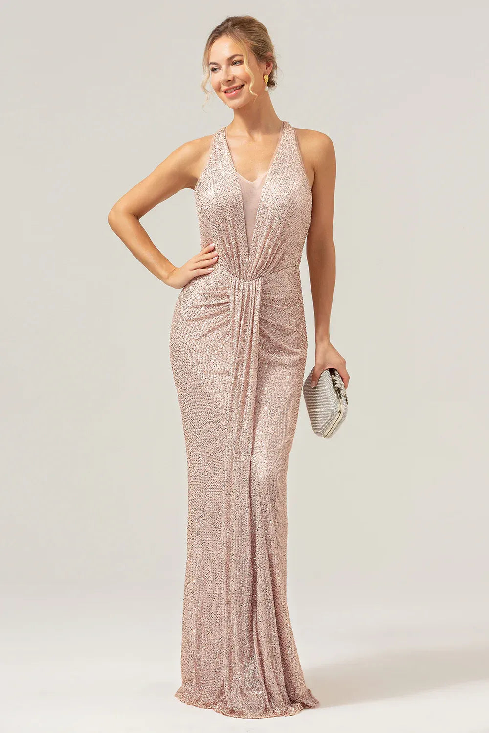 Sparkling Mermaid Halter Ruched Sequin Rose Gold Floor Length Prom Dress