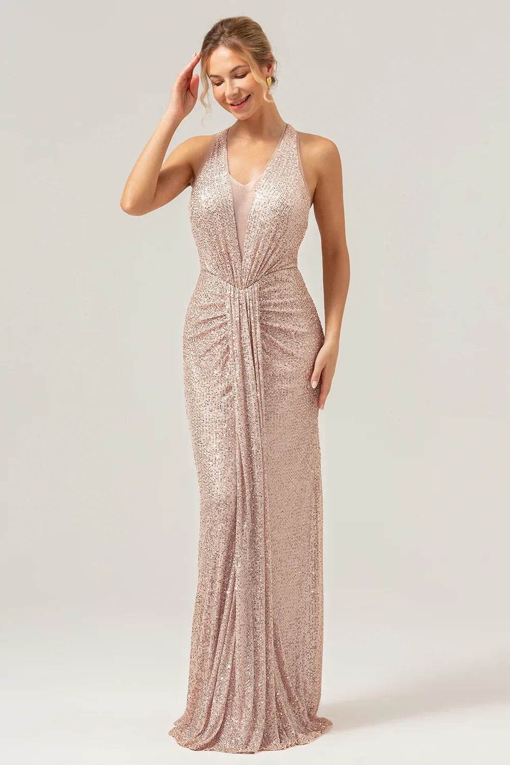 Sparkling Mermaid Halter Ruched Sequin Rose Gold Floor Length Prom Dress