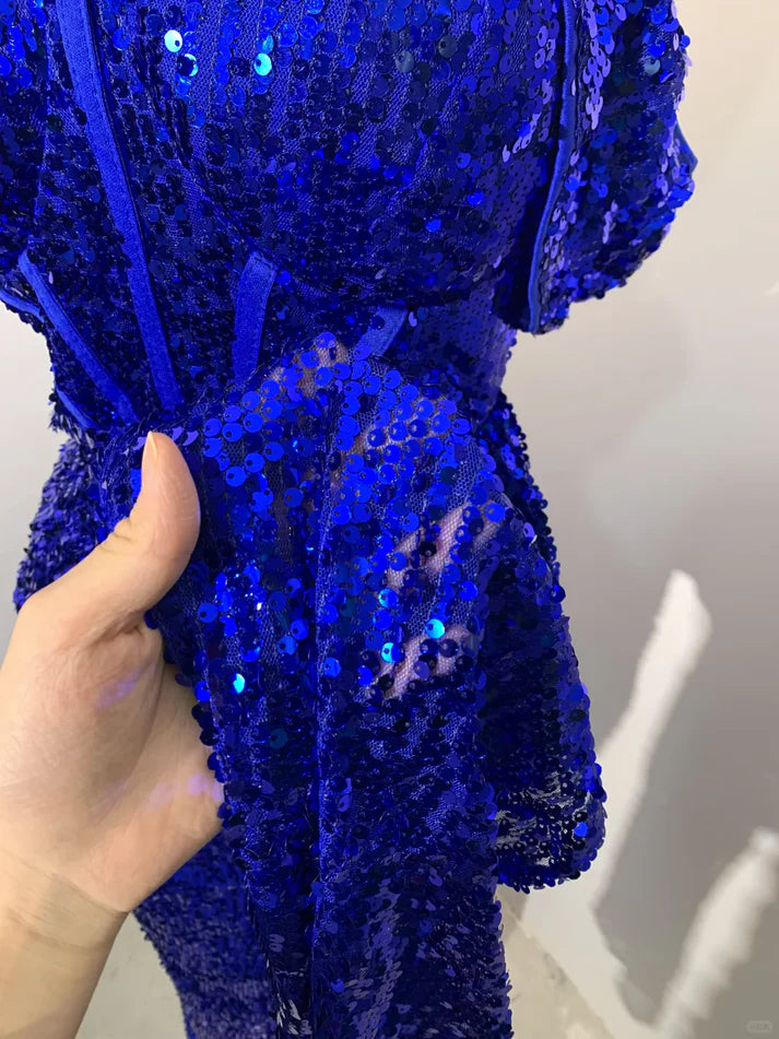 Sparkling Mermaid Off-the-Shoulder Slit Sequin Royal Blue Long Party Dress