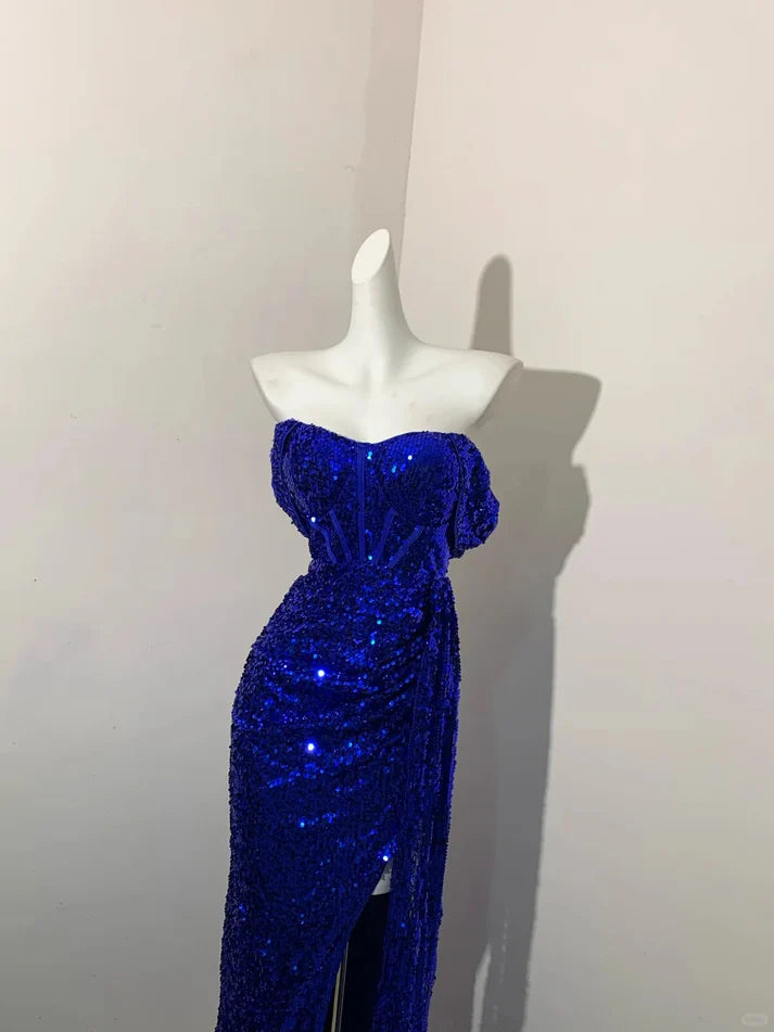Sparkling Mermaid Off-the-Shoulder Slit Sequin Royal Blue Long Party Dress