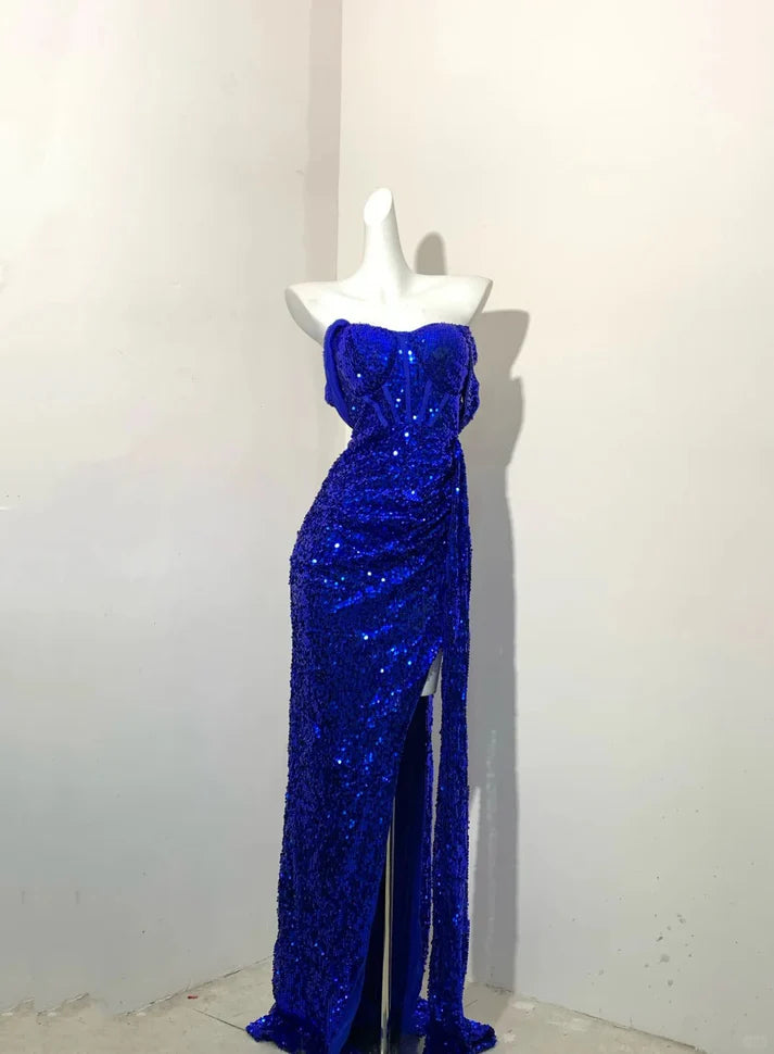 Sparkling Mermaid Off-the-Shoulder Slit Sequin Royal Blue Long Party Dress