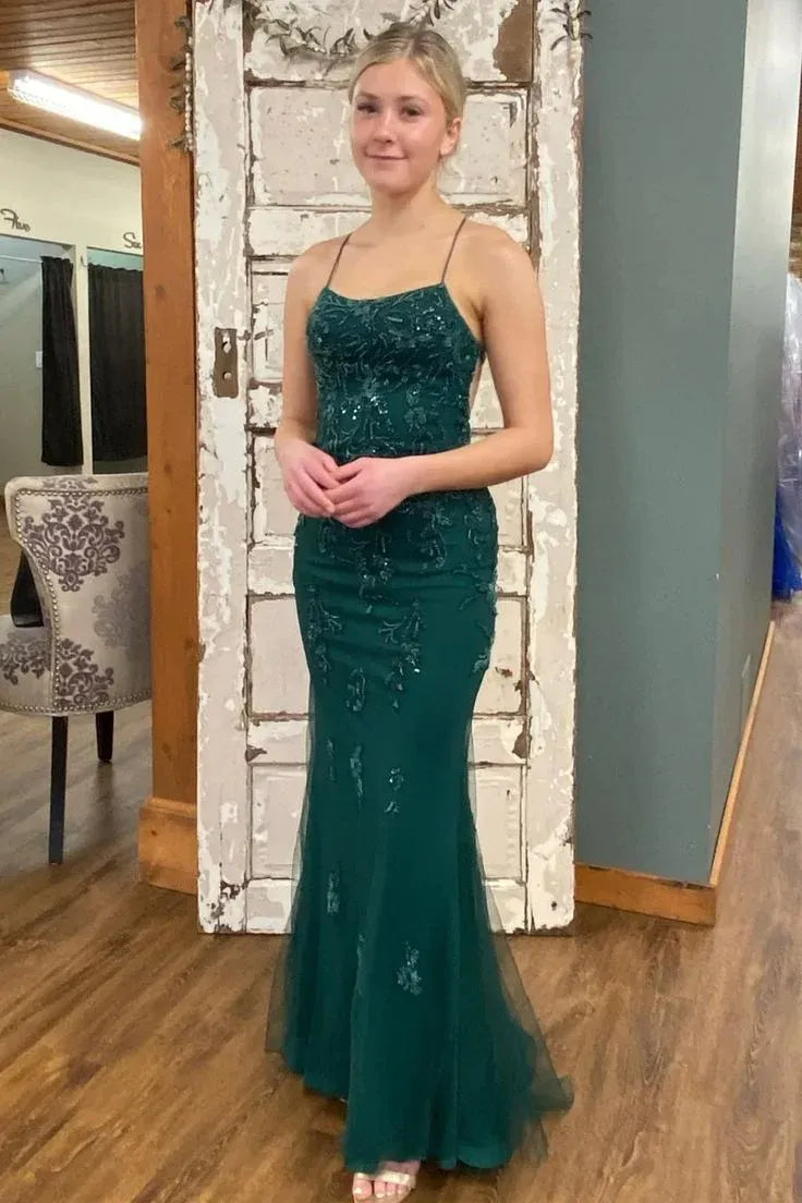Sparkling Mermaid Spaghetti-Strap Sleeveless Beaded Emerald Green Maxi Prom Dress for Women Ready to Ship