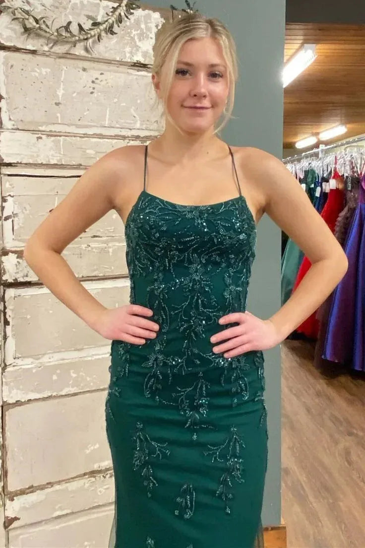 Sparkling Mermaid Spaghetti-Strap Sleeveless Beaded Emerald Green Maxi Prom Dress for Women Ready to Ship