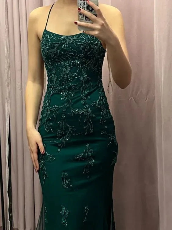 Sparkling Mermaid Spaghetti-Strap Sleeveless Beaded Emerald Green Maxi Prom Dress for Women Ready to Ship