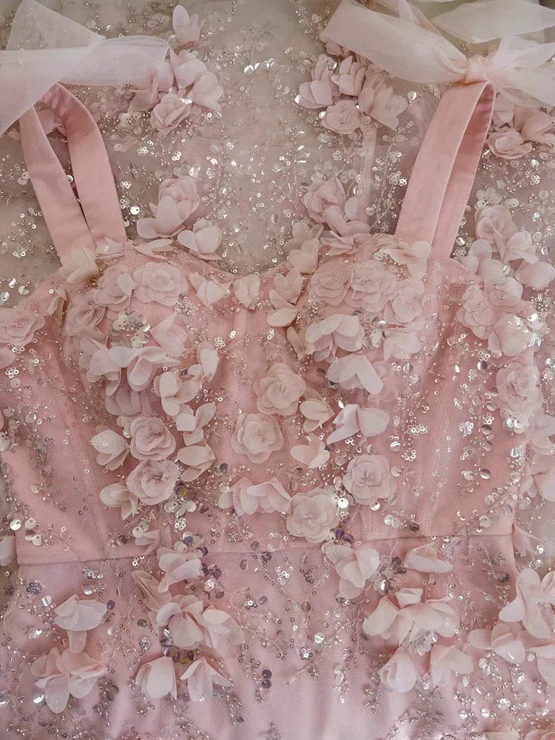 Sparkling A-Line Square Neck Sleeveless 3D Floral Blush Pink Maxi Prom Dress for Women Custom