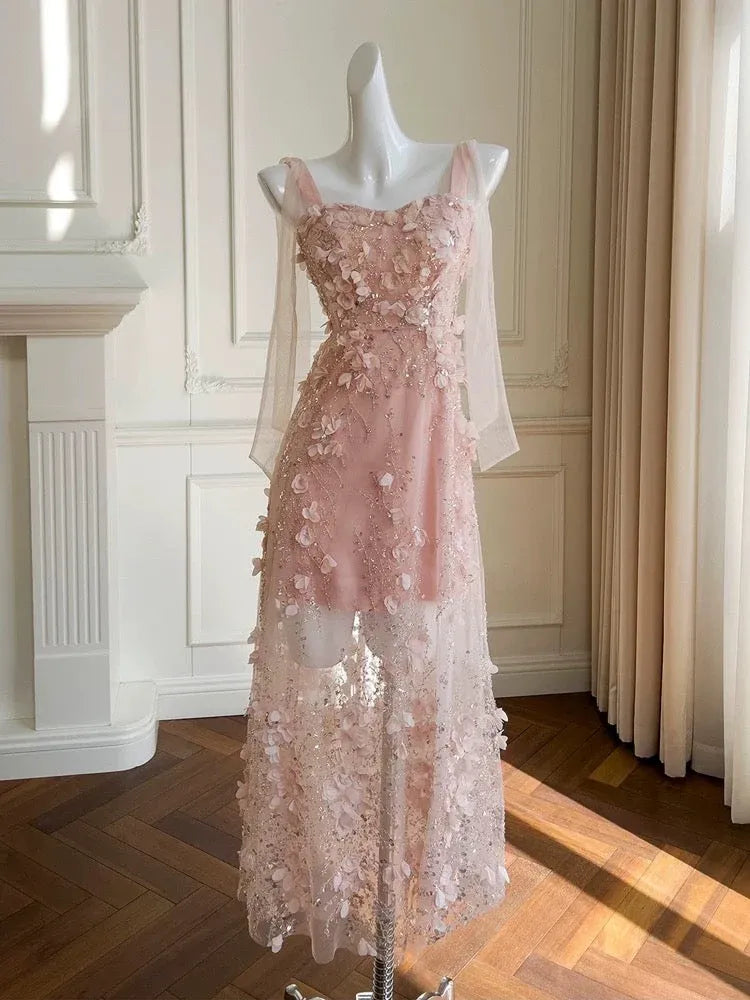 Sparkling A-Line Square Neck Sleeveless 3D Floral Blush Pink Maxi Prom Dress for Women Custom