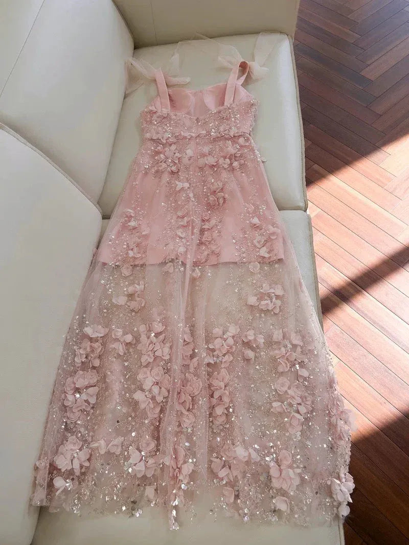 Sparkling A-Line Square Neck Sleeveless 3D Floral Blush Pink Maxi Prom Dress for Women Custom