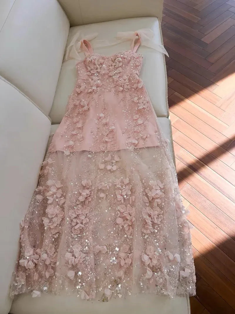 Sparkling A-Line Square Neck Sleeveless 3D Floral Blush Pink Maxi Prom Dress for Women Custom