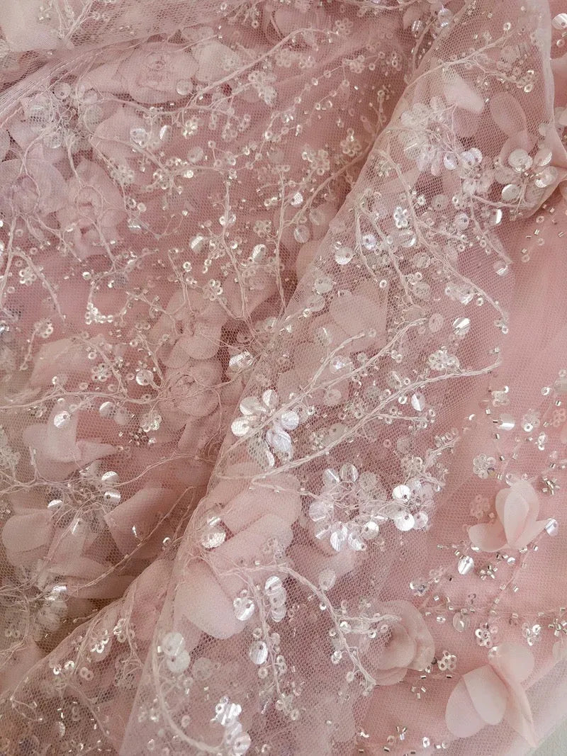 Sparkling A-Line Square Neck Sleeveless 3D Floral Blush Pink Maxi Prom Dress for Women Custom